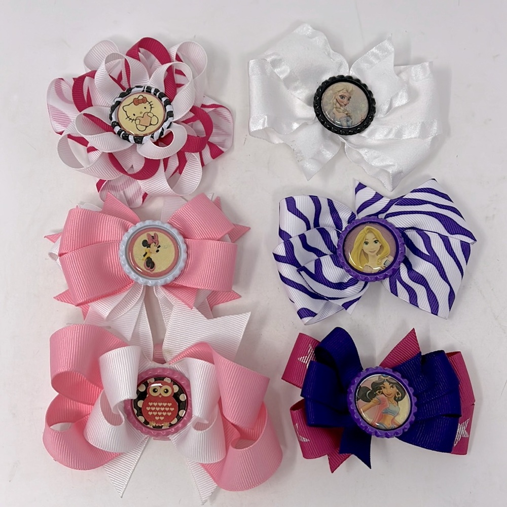 DISNEY HAIR BOW BUNDLE OF 6 OWL HELLO KITTY DISNEY PRINCESS MINNIE HAND MADE